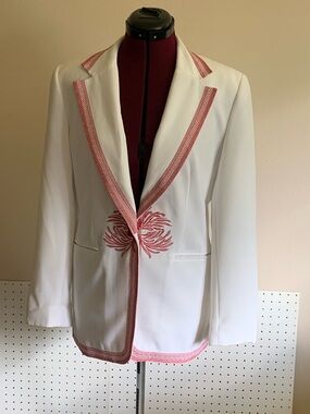 Bob Mackie White Blazer with Pink Trim and Embroidered Motif